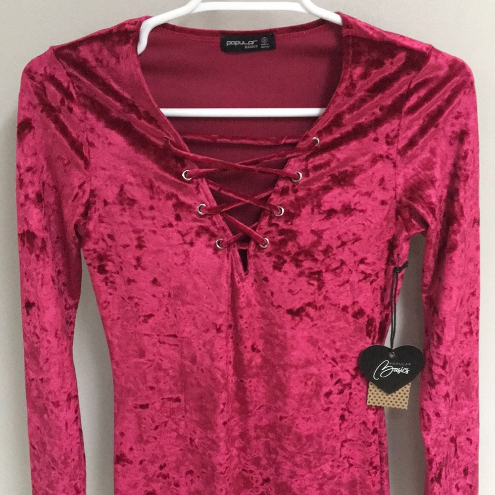NWT! Crushed Red Velvet Lace-Up Front Mini Dress - Picture 6 of 8